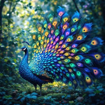 The primary subject of the image is a peacock with a vibrant, colorful tail. The peacock is standing in a forest, surrounded by trees and foliage. The visual style of the image is a digital art or illustration, showcasing the intricate patterns and colors of the peacock's tail. The colors and mood of the image are lively and captivating, with the peacock's tail being the main focus and source of visual interest.